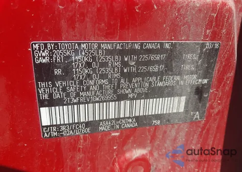 2016 Toyota Rav4 Xle из США, поврежденный, VIN 2T3WFREV1GW269955